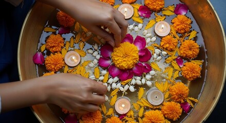 Fototapeta premium Hands arranging floating candles, marigolds, rose petals, and jasmine flowers in a brass bowl filled with water. Perfect for Diwali, weddings, or festive decor.