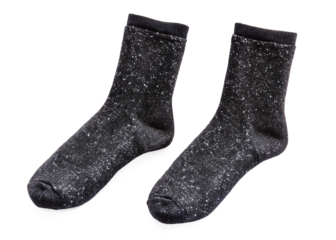 Two black socks with a shiny glittery appearance  isolated on white background ,PNG.AI Generated.