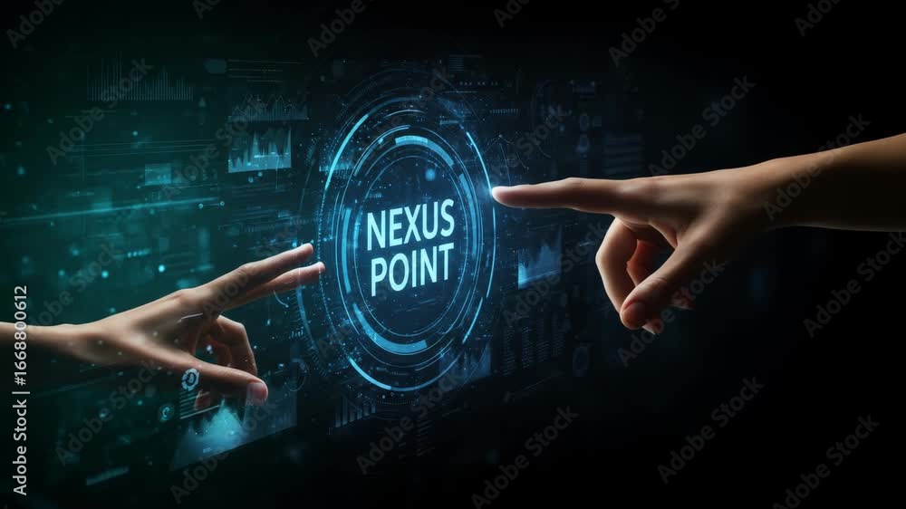 Poster hands interacting with futuristic holographic interface - two hands reach towards and interact with 