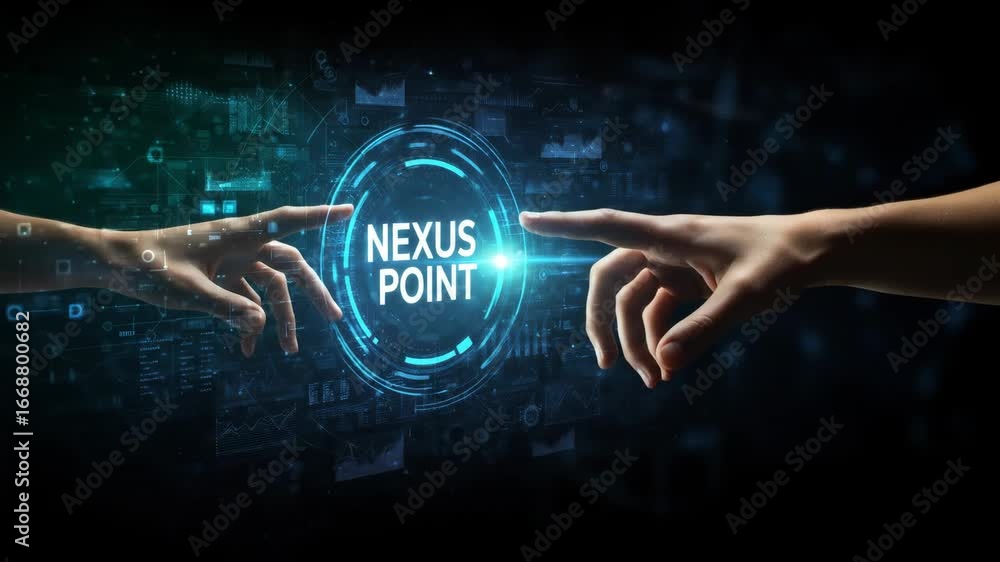 Aufkleber reaching the nexus point: digital connection - two hands reach towards a glowing circular interface 