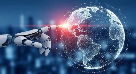 Naklejka premium Robotic Hand Interacting with Digital Earth Global Network Concept