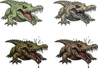 Cartoon crocodile vector set with fierce expressions, red eyes, sharp teeth, dripping saliva, aggressive poses, horror animal design for Halloween.