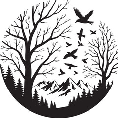 tree silhouettes of various trees on white background