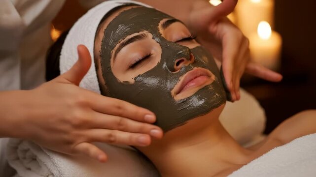 Relaxing Spa Facial Mask Treatment - A woman enjoys a peaceful facial mask treatment at a spa.  A therapist gently applies a dark grey mud mask to her face.