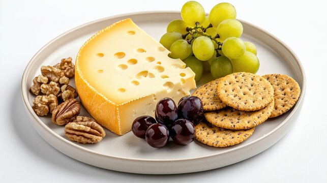 Assorted cheese with fresh grapes nuts and crackers on a white plate for healthy snack or appetizer presentation