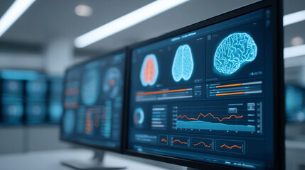 Visual representation of brain activity and analytics in a modern research facility, showcasing data tracking and neurological patterns during experiments