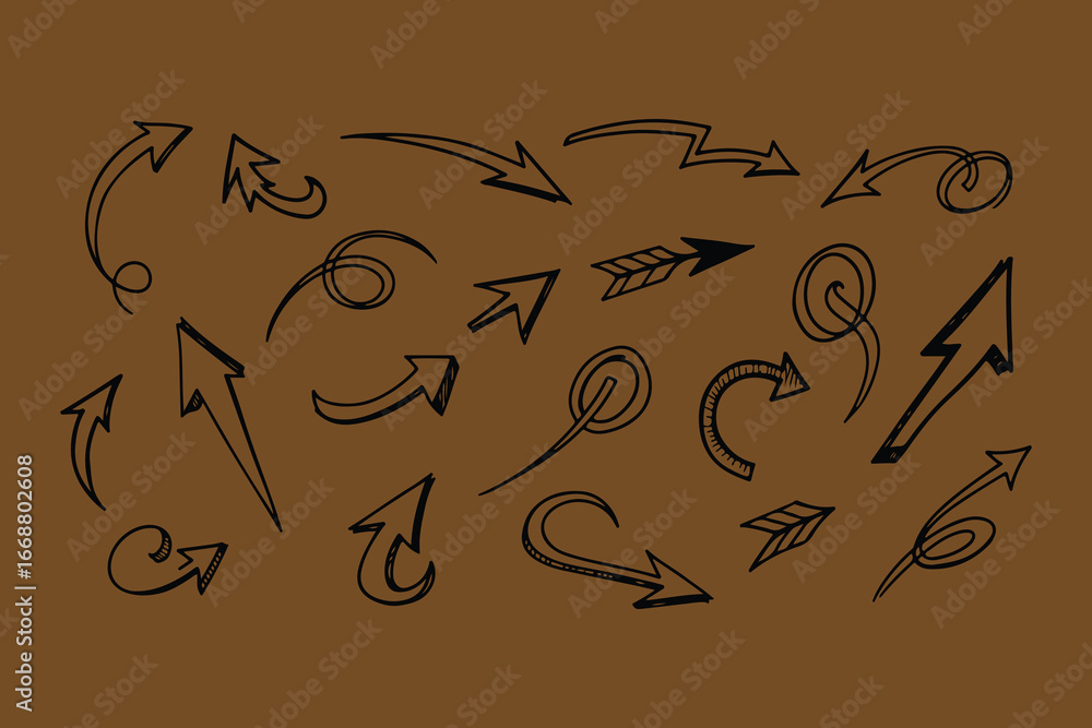 Poster collection of hand drawn arrows and swirls in a sketchy style on a textured brown background