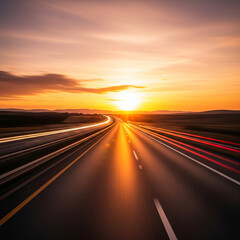 Obraz premium car on the road. driving on the highway at sunset. Sunset over a bridge highway. warm golden tones reflecting.