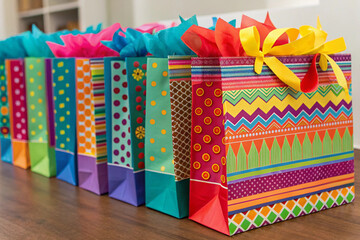 Assortment of Brightly Colored and Patterned Gift Bags on Wooden Surface presents wrapping