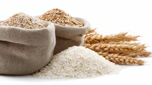 Sacks of grains and rice with fresh wheat ears transitioning from full to empty