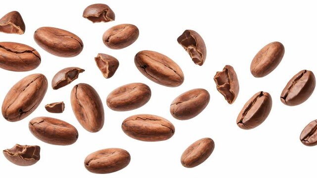 Roasted Coffee Beans in Air - Close-up of roasted coffee beans floating in the air against a white background.