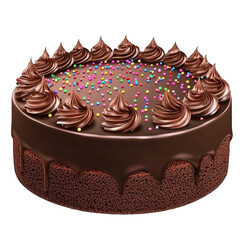 A decadent chocolate cake with glossy ganache frosting, piped swirls, and colorful rainbow sprinkles on top.