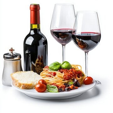 Elegant dinner setting with a bottle of red wine two filled glasses a plate of spaghetti basta pasta with tomato sauce basil cherry tomatoes bread and salt shaker on white background
