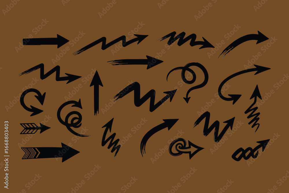 Poster collection of hand drawn arrow icons featuring diverse styles and directions on a textured brown bac