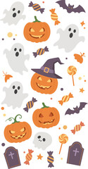 Halloween vector illustration with ghosts, pumpkins, candy, and spooky elements