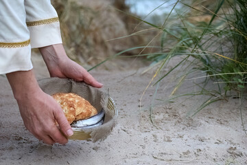 Christianity, religion, Bible concept. Five loaves of bread and two fish