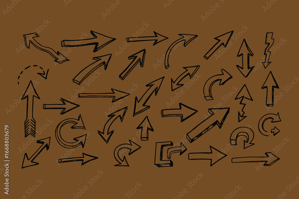 Poster collection of hand drawn arrows in various styles and directions on a textured brown background illu