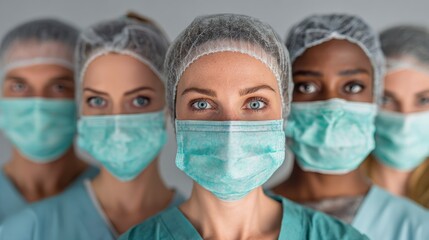 group of doctors with face masks looking at camera corona virus concept no logos no brands ar 169