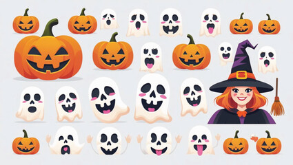 Naklejka premium Funny Halloween Pumpkin Expressions – Cute Cartoon Icon Sheet