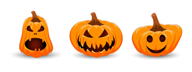 Set carved Halloween pumpkins with different scary faces isolated on white background. The main symbol of the Happy Halloween holiday. Vector illustration.