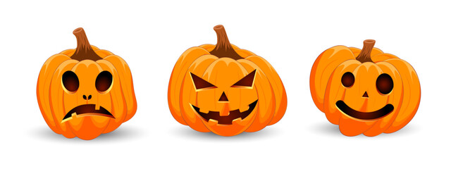 Set carved Halloween pumpkins with different scary faces isolated on white background. The main symbol of the Happy Halloween holiday. Vector illustration.