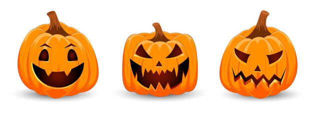 Set carved Halloween pumpkins with different scary faces isolated on white background. The main symbol of the Happy Halloween holiday. Vector illustration.