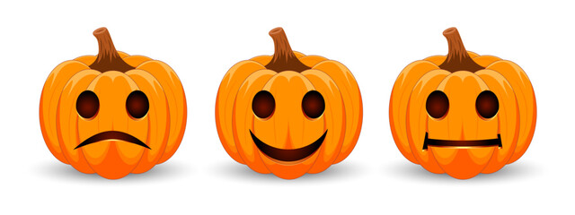 Set carved Halloween pumpkins with different scary faces isolated on white background. The main symbol of the Happy Halloween holiday. Vector illustration.