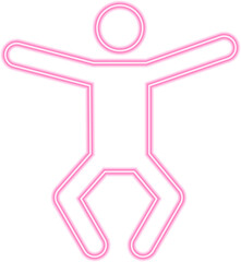 Neon outline pictogram of a person with arms open outward and knees bent in a low stance.