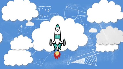Rocket emerging starting engine igniting and climbing clouds with chalk formulas evoking discovery - Powered by Adobe