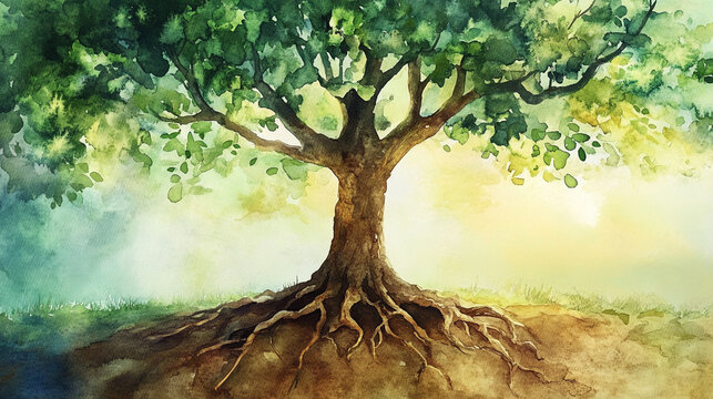 Watercolor painting of a large tree with exposed roots sunlight shining through leaves