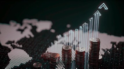 Animated rising dollar coins stock chart AI generated video investment business growth. Digital assets finance animation global economy AI generated video economic boom success. - Powered by Adobe