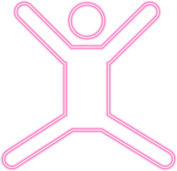 Neon outline pictogram of a person with arms raised and legs open in a wide pose.