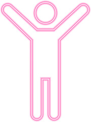 Neon outline pictogram of a person in celebration with both arms raised upward.