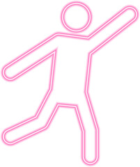 Neon outline pictogram of a person jumping with one arm outstretched forward in motion.