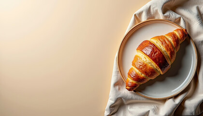 Fresh croissant mockup on ceramic plate with linen napkin, perfect for bakery branding, cafe menu or food styling designs.