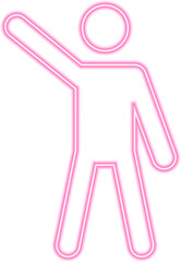 Neon outline pictogram of a person with legs apart, one arm raised upward, and hand in a waving gesture.
