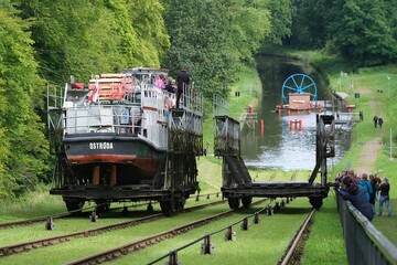 Buczyniec, Poland -  Branched navigation system of Elblag Canal. Ships and yachts cross slipways on special trolleys. Inclined Planes and carriage