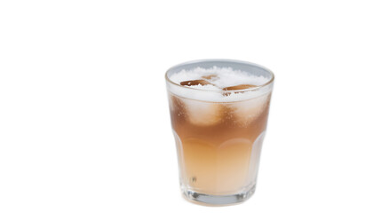 Glass of iced coffee with cream and ice cubes on white background  