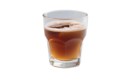 Glass of dark beverage with ice cubes on white background  