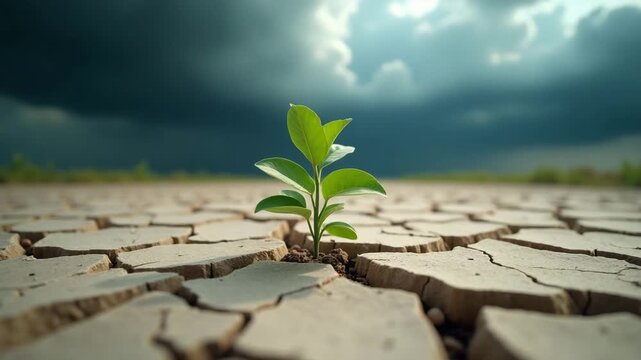Small plant sprouting through cracked parched earth