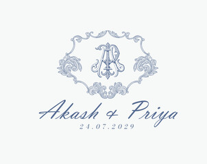 Wedding logo monogram crest vector design royal style blue color illustration monogram crest
