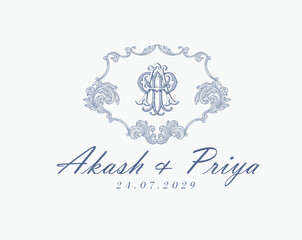 Wedding logo monogram crest vector design royal style blue color illustration monogram crest
