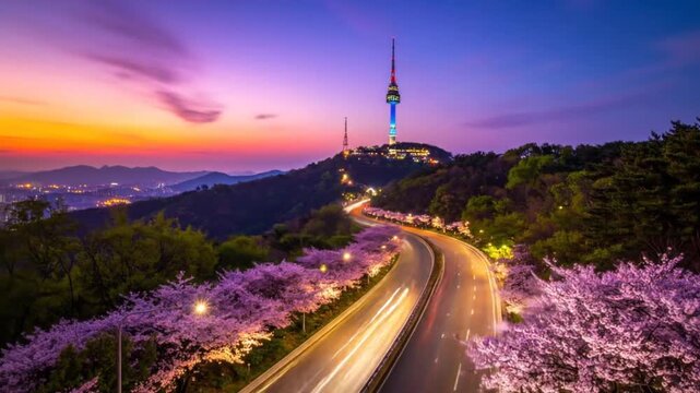 Seoul N Seoul Tower at Dawn, Cherry Blossoms & Traffic Trails