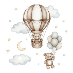 Cute teddy bear in hot air balloon with balloons isolated on transparent background