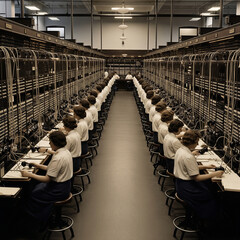A vintage black-and-white photo of telephone operators