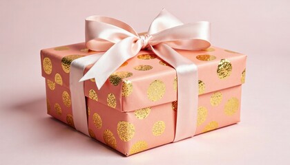 Obraz premium Elegant Pink Gift Box with Gold Dots and Satin Ribbon