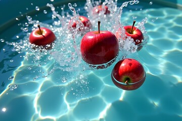 Red apples splash into refreshing blue water slow motion