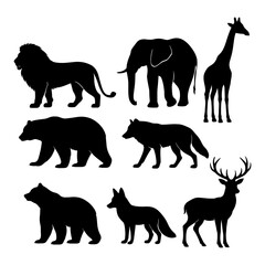 Obraz premium Silhouette illustration featuring a lion, elephant, giraffe, bears, wolf, fox and deer animals design