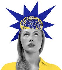 Woman gazing upward with stylized yellow brain and blue starburst over her head, modern graphic style on isolated white background, concept of brainstorm