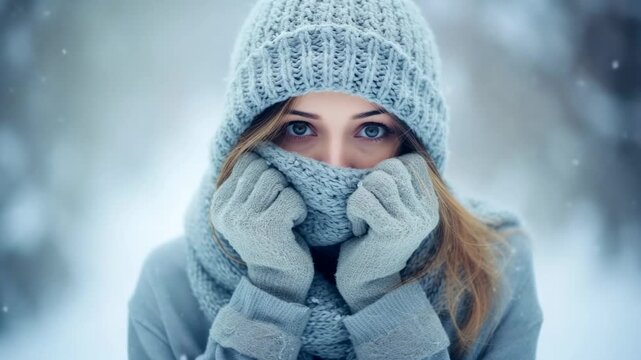 Young woman bundled in warm winter attire enjoys a snowy day in a forest setting during the afternoon hours